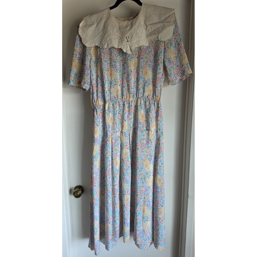 Caroline Wells Maxi Dress Size 12 Floral Collared Short Sleeve Vintage Gown